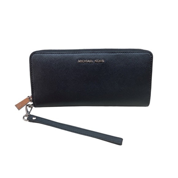 Michael Kors Jet Set Travel Black Leather Continental Zip Wristlet Wallet Women - Picture 1 of 12